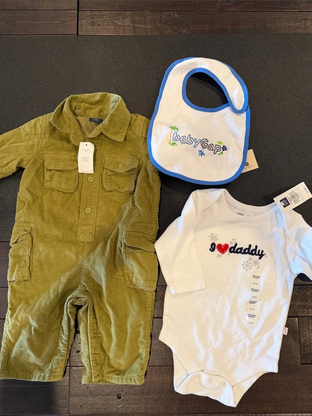 GAP Olive Green Corduroy One-Piece with White babyGap Bib and White Onesie